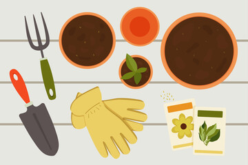 Planting seeds and potting plants, gardening at home. Top view illustration of pots, packets of seeds, gloves, hand trowel and garden fork. 