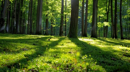  the sun shines through the trees in a green forest filled with lush green grass and tall, leafy trees.