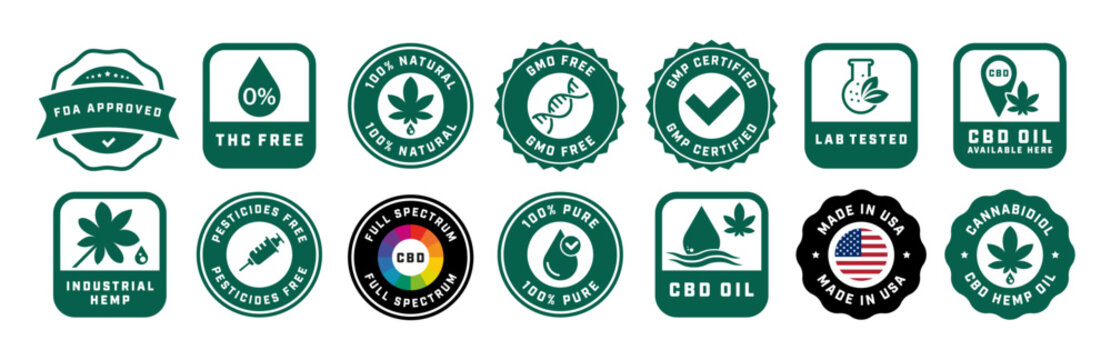 Vector labels for CBD Cannabidiol products. Collection of stickers for medical cannabis product.
