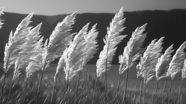  a black and white photo of a field with tall grass in the foreground and a mountain in the background.