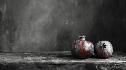  a black and white photo of two pomegranates on a piece of wood with a dark background.