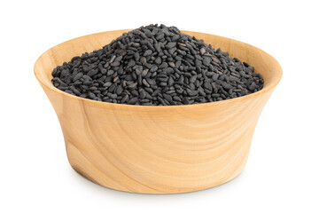 black sesame seeds in wooden bowl isolated on white background with full depth of field