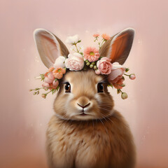 Portrait cute rabbit with pastel flowers on his head. Fashion and Easter. Minimal concept.