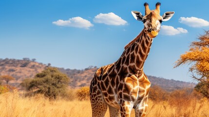 Majestic giraffe standing tall in the vast and stunning african savannah wilderness - obrazy, fototapety, plakaty