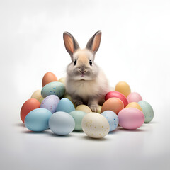 A cute brown rabbit surrounded by colorful Easter eggs. Minimal holiday concept. White background.  