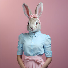 Portrait of a rabbit girl in a wardrobe of pastel colors. Funny minimal Easter concept. Pink background