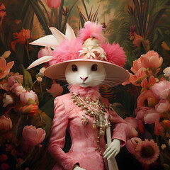 A white rabbit in a pink wardrobe and hat. Pink flowers in the background. Beautiful nature. Fashion and the rabbit model.