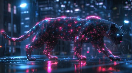 Illustration of a futuristic animal combining the sleekness of a panther with the neon glow of advanced machinery, exuding power and sophistication.