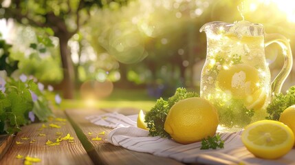 a pitcher of lemonade sitting on top of a table next to lemons and a bunch of broccoli.
