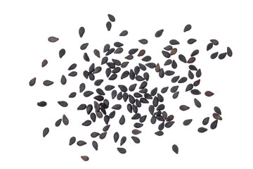 black sesame seeds isolated on white background. Top view. Flat lay