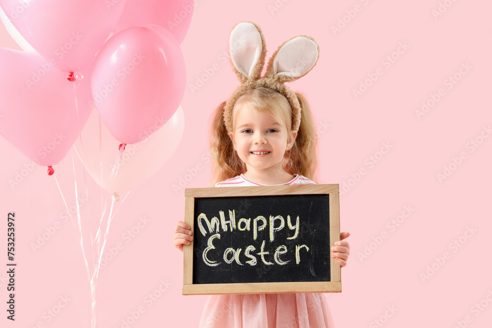 Sticker cute little girl in bunny ears holding chalkboard with text happy easter on pink background