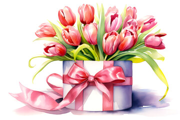 A vibrant bouquet of tulips in a gift box adorned with a ribbon. Concept of spring, fresh blooms that symbolize renewal and beauty. Perfect for Woman's Day, Mother’s Day, birthday card.