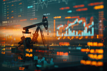 Oil platform stands out against the backdrop of economic data, symbolizing the concept of rising falling gasoline prices. Oil pumping machine.
