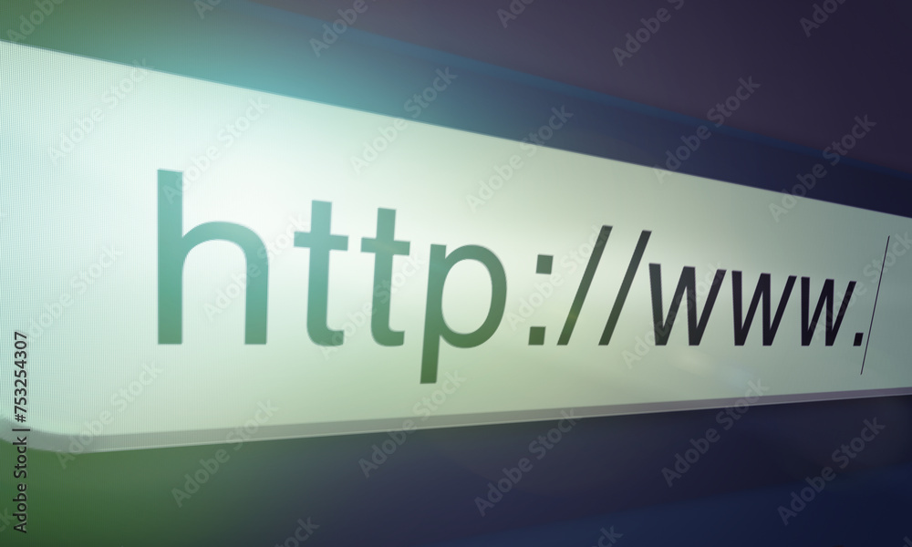 Poster browser, website and url of search bar on computer screen for information, worldwide surfing or serv