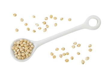 Sorghum seeds in ceramic spoon isolated on white background. Top view. Flat lay.