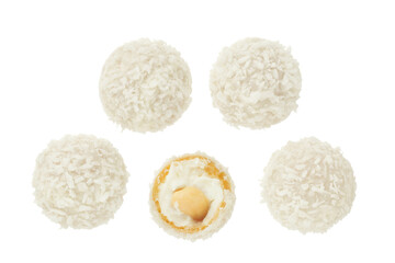 round candy raffaello with coconut flakes and nut isolated on white background. Top view. Flat lay.