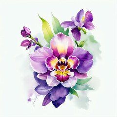 orchid flowers. watercolor illustration with splashes and white background.