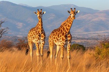 Two elegant giraffes standing tall in the picturesque african savannah landscape © Ksenia Belyaeva