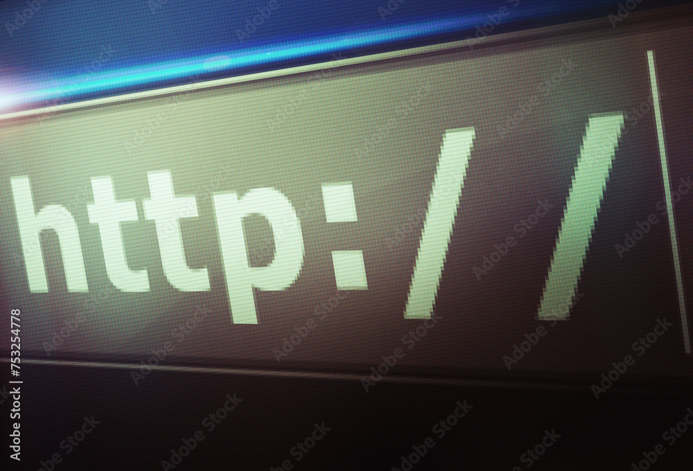 Poster browser, website and url of search bar on computer screen for information, worldwide surfing or serv