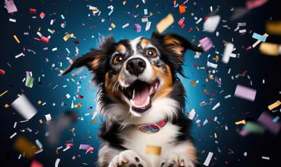 A festive happy cute dog celebrating birthday with confetti falling