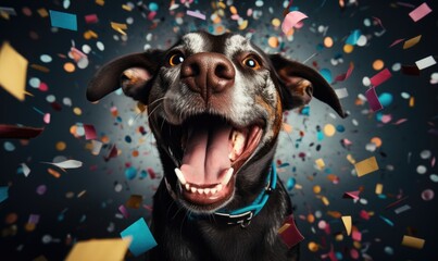 A festive happy cute dog celebrating birthday with confetti falling - obrazy, fototapety, plakaty