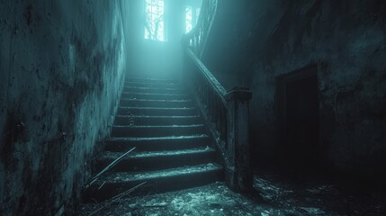 Fototapeta na wymiar Eerie Abandoned Staircase with Ethereal Light