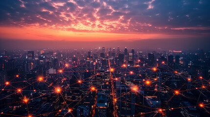 Twilight cityscape with interconnected red lines representing a network.