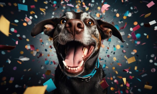 A festive happy cute dog celebrating birthday with confetti falling