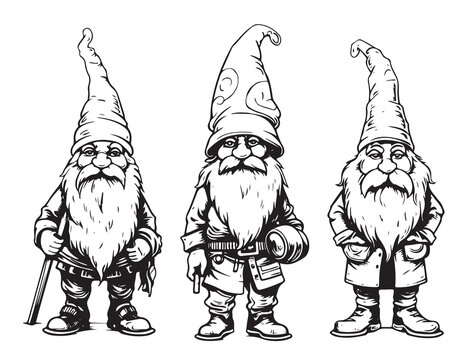 Gnome sketch. Cute garden gnomes scandinavian wizards