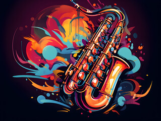 Fototapeta na wymiar Colorful illustration of a saxophone instrument on dark background