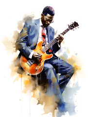 Watercolor illustration of an Afroamerican jazz musician 