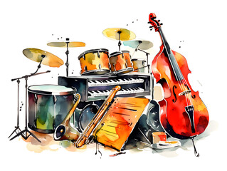 Watercolor illustration of jazz instruments background