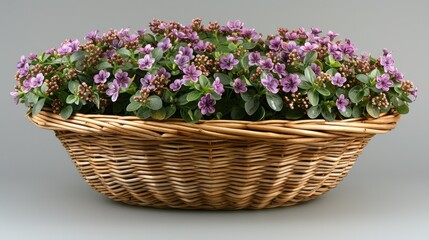 a wicker basket filled with purple flowers on top of a white table next to a planter filled with purple flowers.