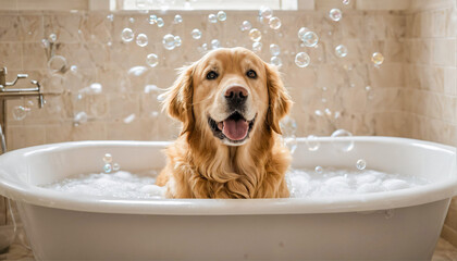 Happy golden retriever in a bathtub overflowing with soap foam