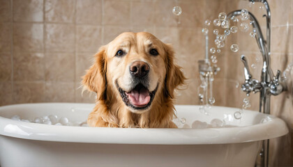 Golden retriever dog in a foamy bathtub, looking cheerful and playful