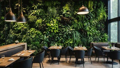Fototapeta na wymiar Modern cafe or restaurant featuring living green wall, biophilic design with vertical gardening, eco-friendly ambiance
