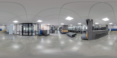 hdri 360 panorama view in empty modern hall of reception and doors in administrative building in...