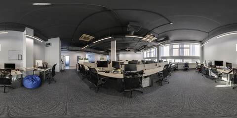 hdri 360 panorama in interior work room in modern coworking office in equirectangular full seamless...