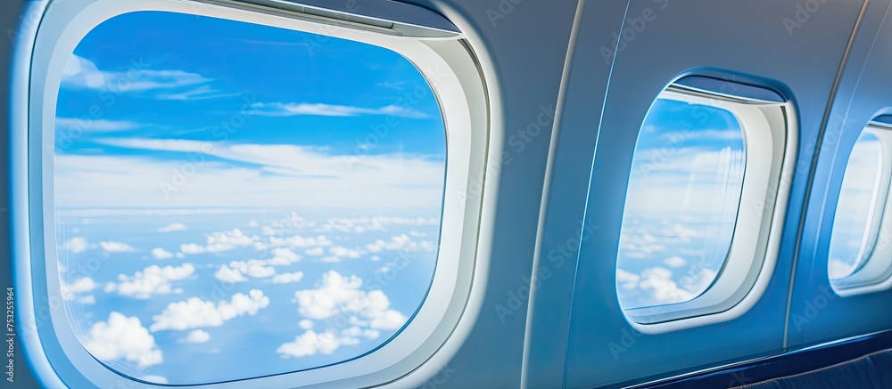 Poster The Serene View Outside the Window of a Flying Airplane with Beautiful Skyline and Cloud Patterns
