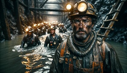 Miners getting ready for a day of labor in an underground mining operation - obrazy, fototapety, plakaty