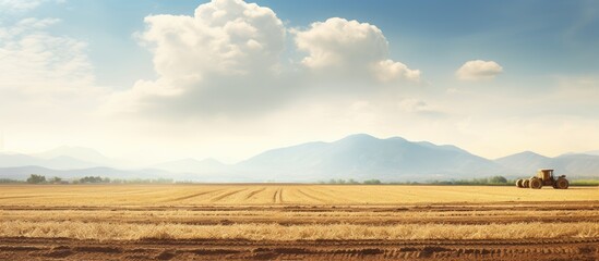 Rural Landscape with Farming Tractor Cultivating the Fertile Ground - obrazy, fototapety, plakaty