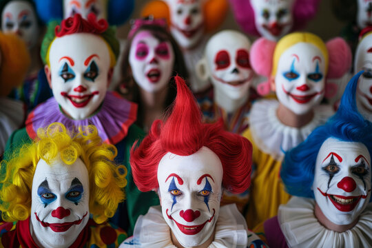 A group of clowns with red hair and painted faces are smiling for the camera. Scene is lighthearted and fun, as the clowns are posing for a photo. Clowns show various facial expressions.