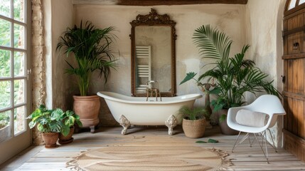 a bathroom with a claw foot tub, mirror, potted plants, a chair and a mirror on the wall.