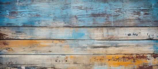 Vibrant Blue and Yellow Paint Splatters on Rustic Wooden Background for Creative Design Projects