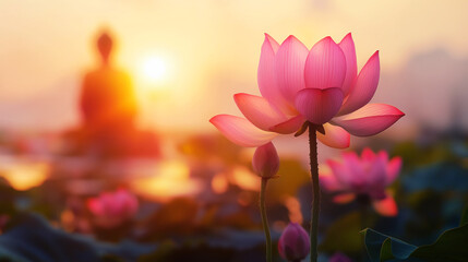 A pink lotus flower in focus with a blurred statue of Buddha in the background during sunset.