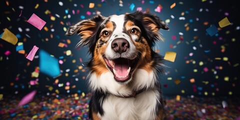 Fototapeta na wymiar A festive happy cute dog celebrating birthday with confetti falling