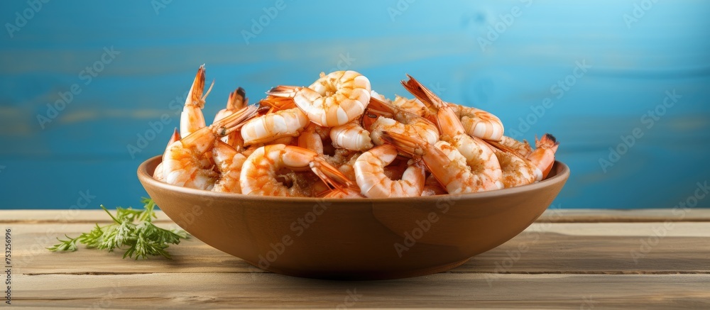 Poster delicious bowl of fresh cooked shrimp served with lemon wedges on a rustic wooden table setting