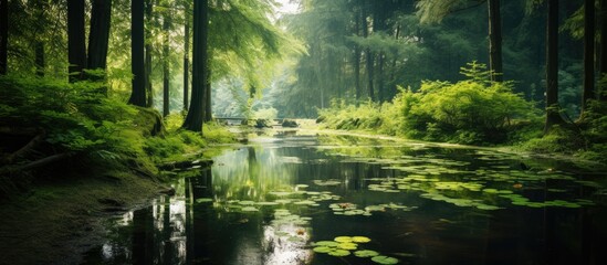 Tranquil Small Creek Flowing Through Lush Green Forest with Beautiful Water Lilies