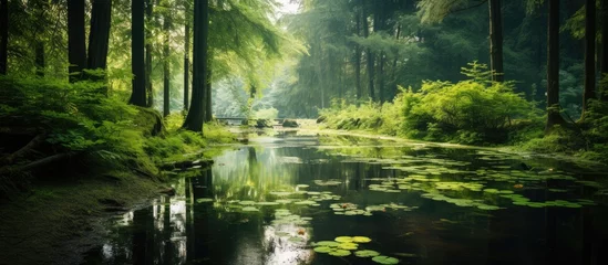 Fotobehang Tranquil Small Creek Flowing Through Lush Green Forest with Beautiful Water Lilies © vxnaghiyev