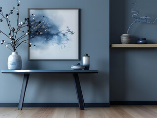 Modern minimalist interior with decorative vase and wall art